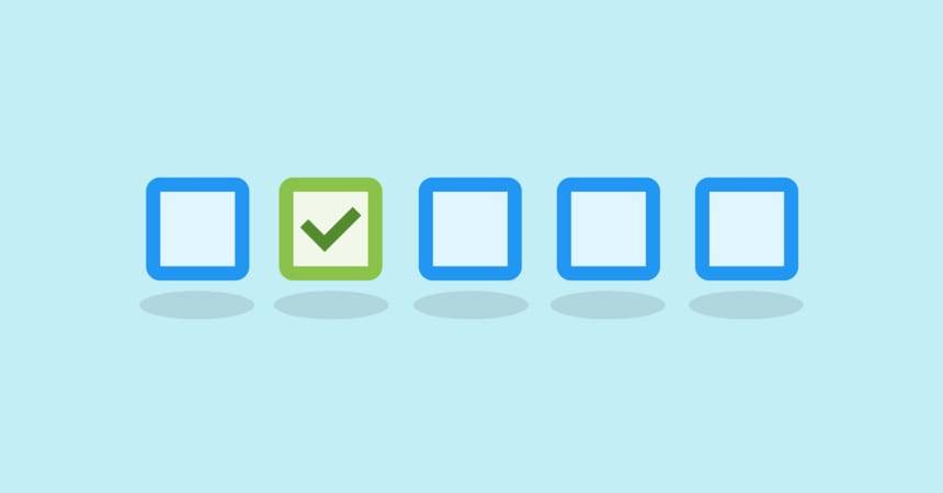 Flat illustration of five checkboxes in a row with the second one ticked in green