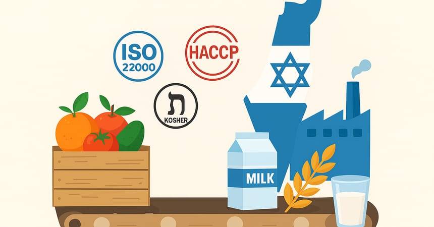 Illustration of fruit crates and milk beside ISO 22000, HACCP and kosher certification marks
