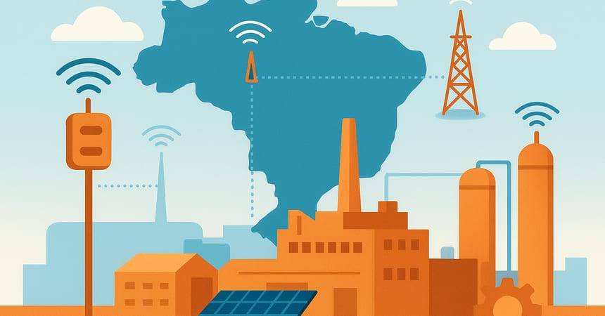 Flat illustration of Brazil with wireless signal icons over factories and transmission towers