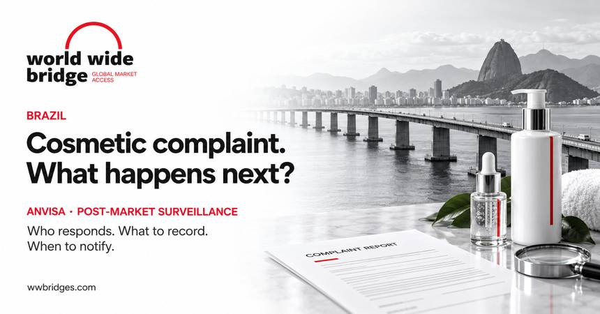 WWBridge banner: Cosmetic complaint. What happens next? Cosmetic bottles and a complaint report against a grayscale Brazilian bridge and Rio skyline, with the red arch logo