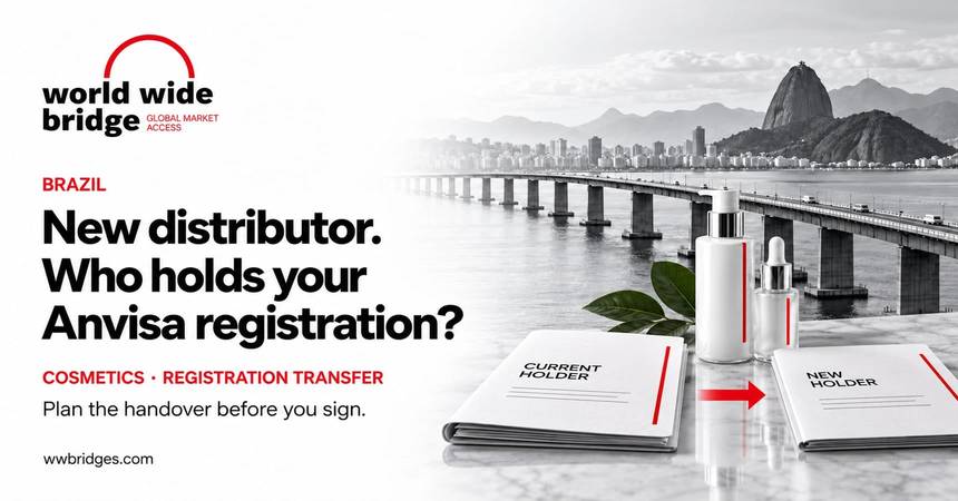 WWBridge banner asking who holds your Anvisa registration, with skincare bottles, current and new holder folders and a red handover arrow