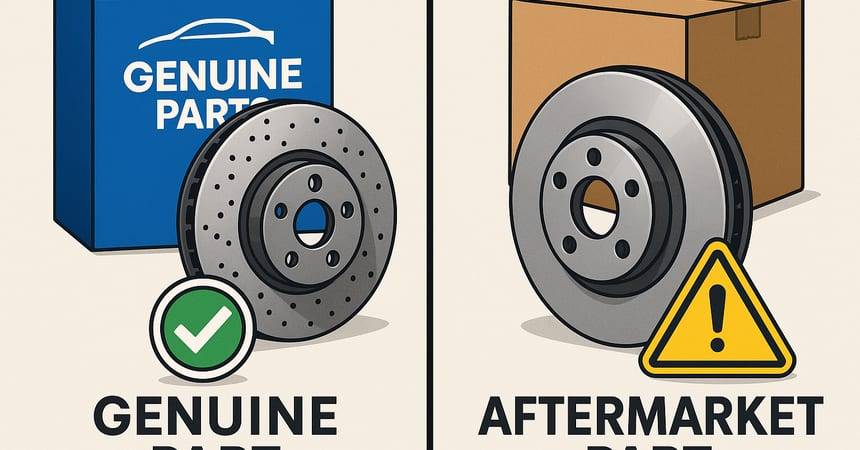Illustration comparing a boxed genuine brake disc with an aftermarket one marked by a warning sign