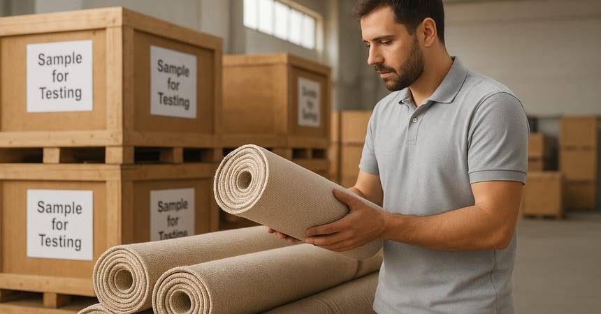 Man inspecting a rolled carpet beside crates stencilled Sample for Testing