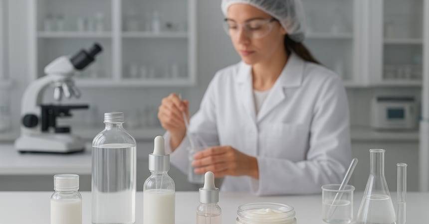 Laboratory technician pipetting into cosmetic sample bottles at a workbench