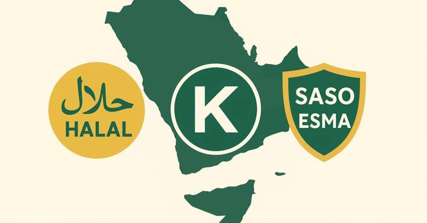 Illustration of halal, kosher and SASO ESMA badges over a map of the Arabian Peninsula