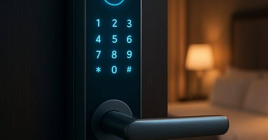 Illuminated electronic keypad door lock with a black handle on a hotel room door