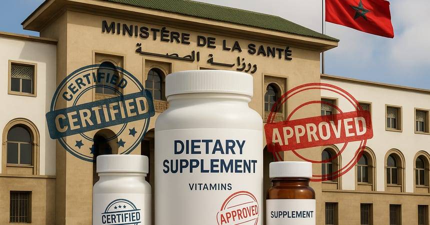Supplement bottles in front of the Moroccan Ministry of Health building with certified stamps