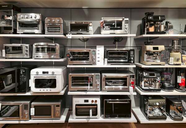 Shelves of kitchen appliances