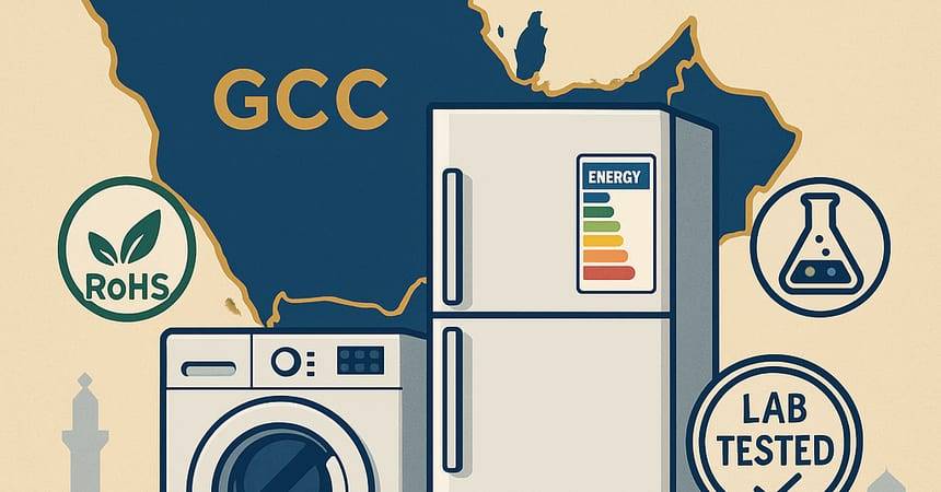 Illustration of a fridge with an energy label and a washing machine over a map of the Gulf states