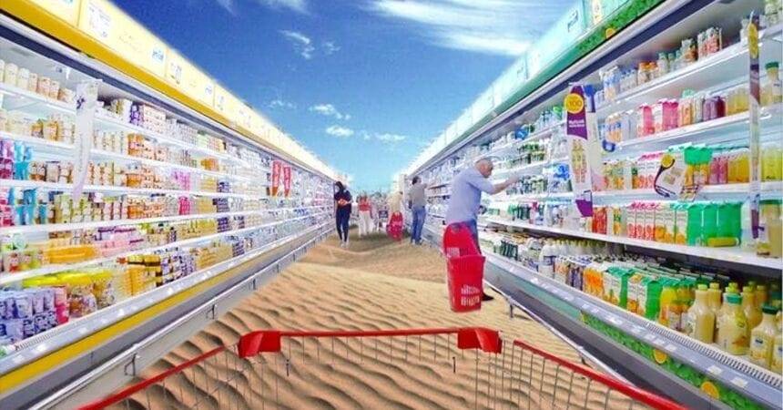 Packaged food products lined up on a supermarket shelf with printed labels facing forward