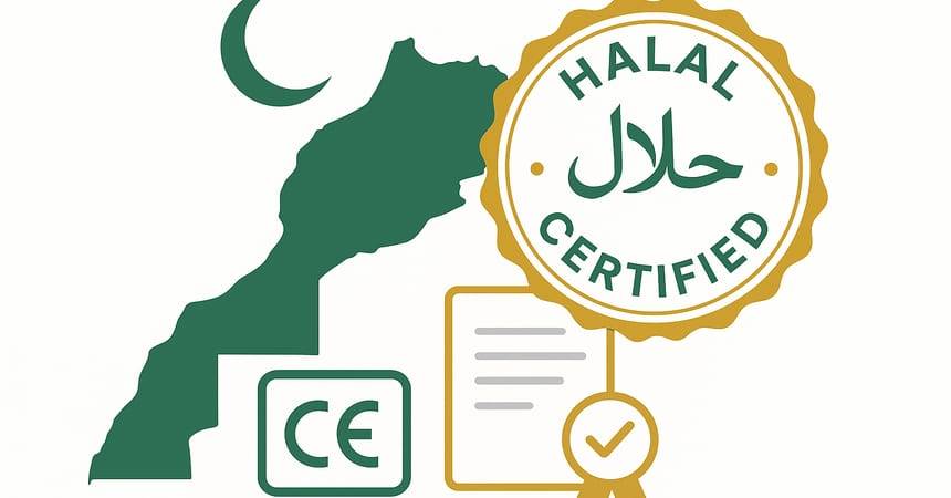 Illustration of Morocco with a halal certified seal and a certificate document