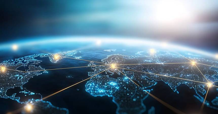 Stylised globe at night with glowing network lines linking points across continents