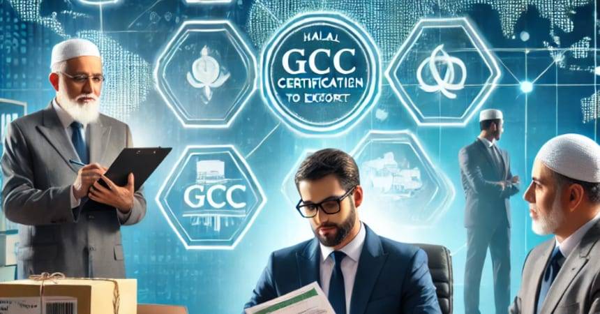 Illustration of GCC halal certification for export with certificate icons and figures
