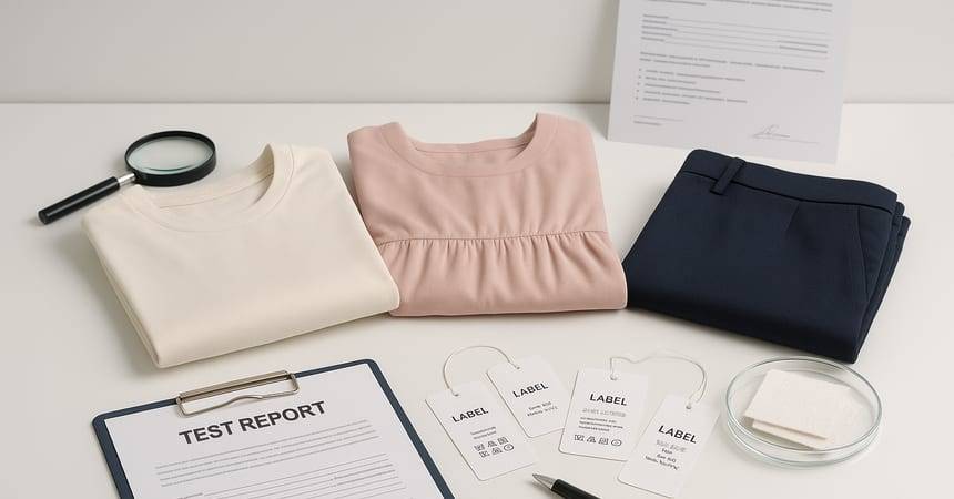 Folded garments, labels, a magnifier and a test report form laid out on a white surface