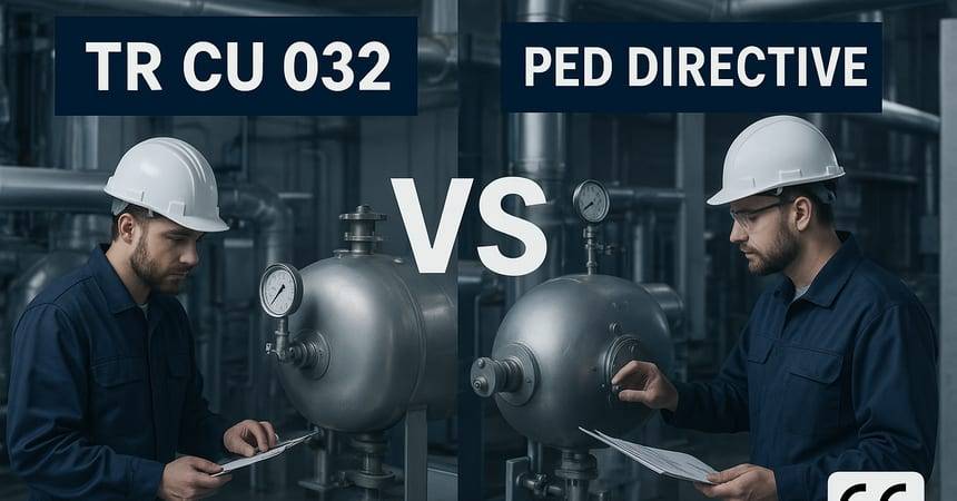 Split image captioned TR CU 032 versus PED Directive with an engineer inspecting a vessel on each side