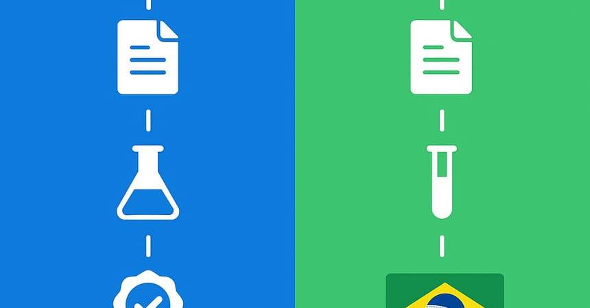 Split blue and green diagram contrasting two certification workflows with the Brazilian flag