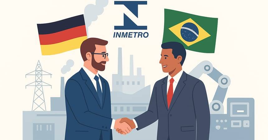 Illustration of two businessmen shaking hands under German and Brazilian flags and the INMETRO logo