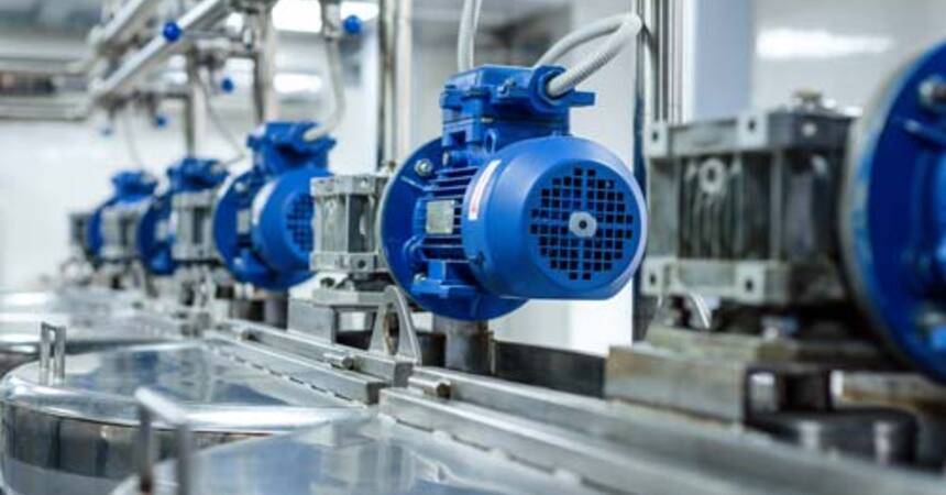 Line of blue electric motors mounted along a stainless steel production conveyor