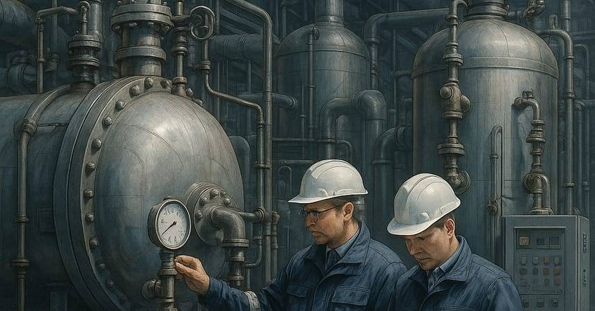 Two engineers in hard hats inspecting a pressure gauge on a large industrial vessel