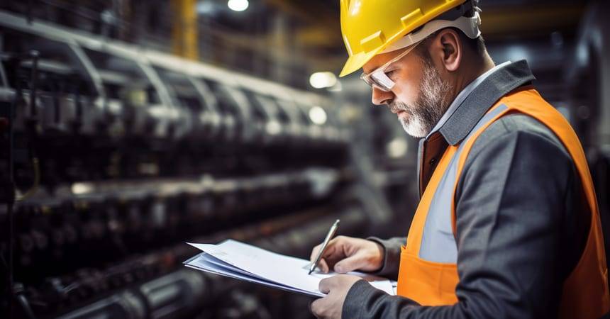 Inspector in a yellow hard hat and orange vest writing on a clipboard in an industrial plant