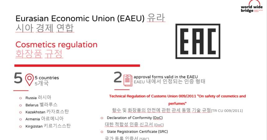 Webinar slide listing the five EAEU member states and the two cosmetics approval forms