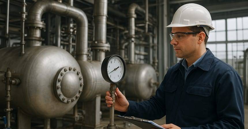 Engineer in a hard hat checking a gauge on a horizontal pressure vessel in a process plant